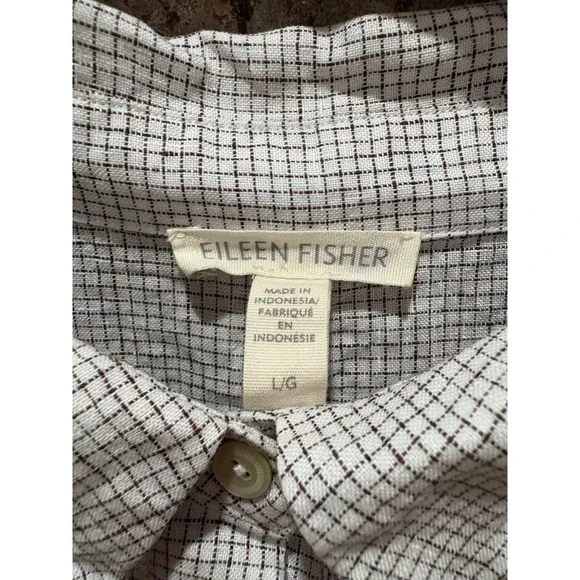 Eileen Fisher Grey Grid Check Linen Short Sleeve Button Down Shirt Size Large - Picture 5 of 10
